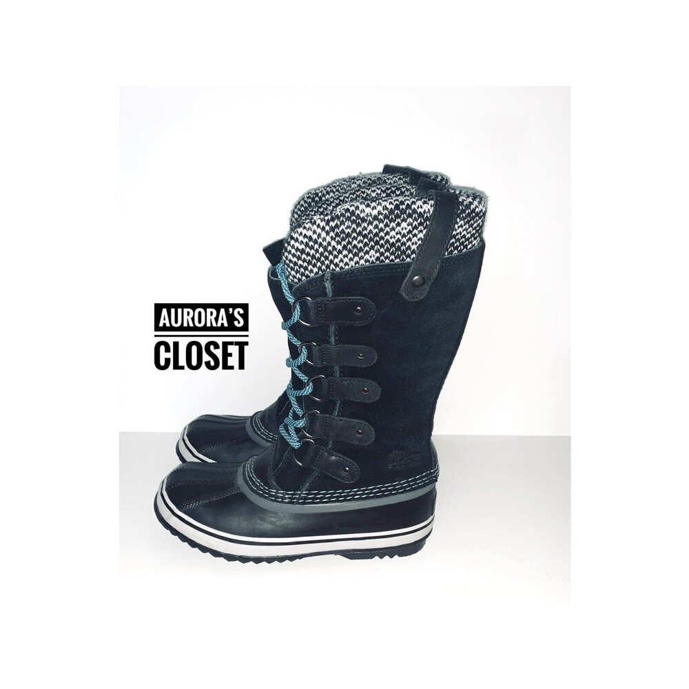 Sorel 6 Joan of Arc Black Boots  Knit Blue Laces Suede NL2084-010 $240